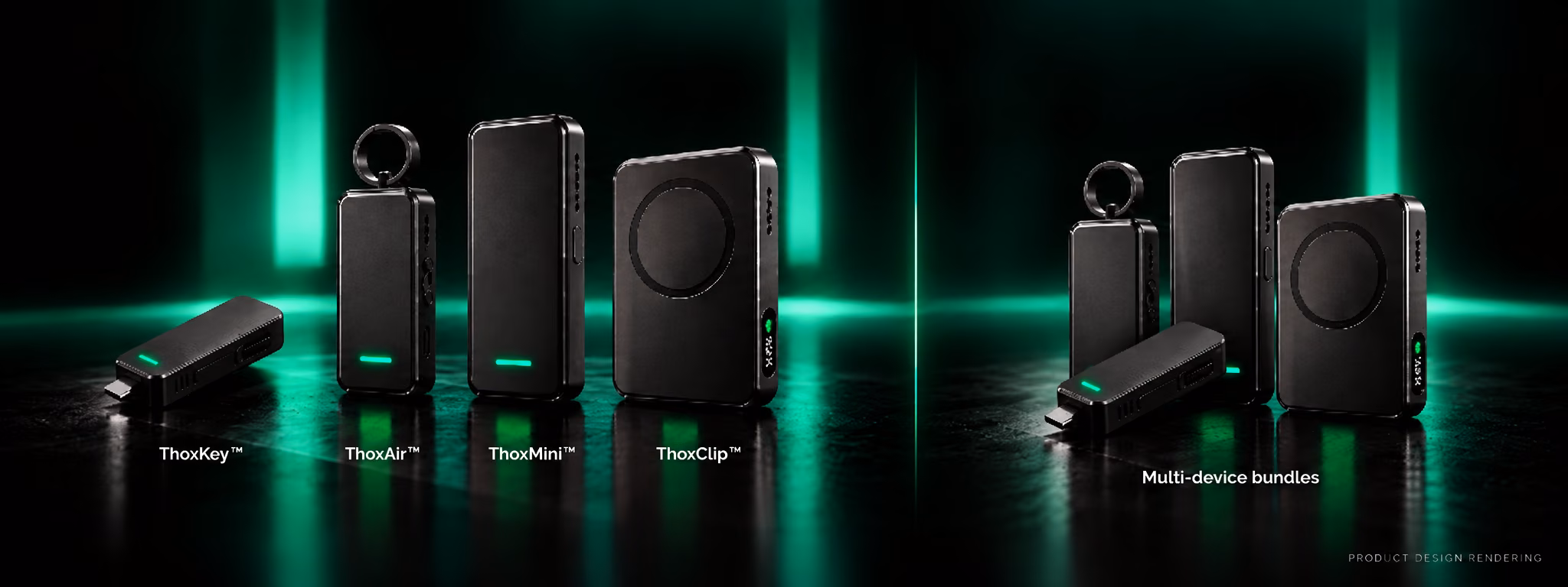 Product design renders of ThoxKey, ThoxAir, ThoxMini and ThoxClip, and a group of devices representing multi-device bundles.